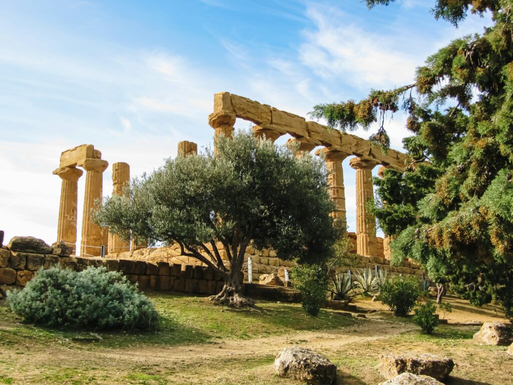 Ruinen eines antiken Tempels im Tal der Tempel in Agrigento, Sizilien, umgeben von Olivenbäumen und mediterraner Vegetation.